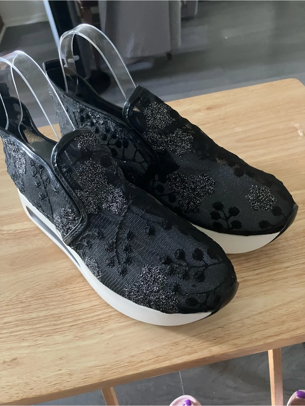 Black Lace Platform Slip-On Wedge Sneakers